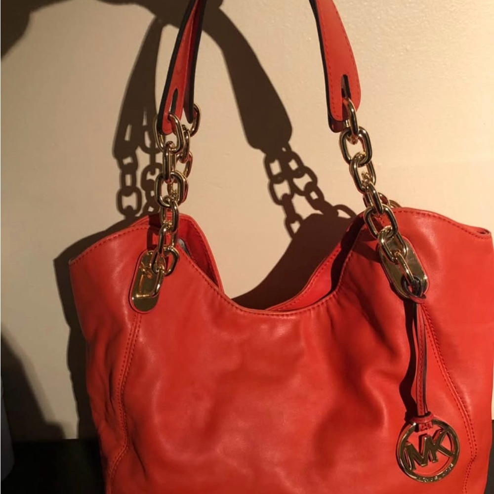 Michael Kors Orange Leather Shoulder Bag with Gold Chain